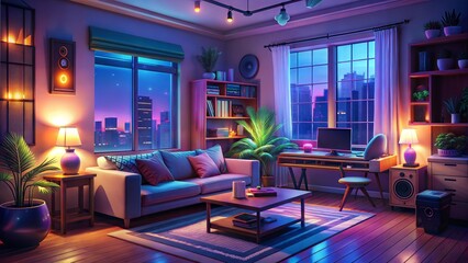 animated virtual backgrounds, stream overlay loop, cozy lo-fi living room at night, vtuber asset twitch zoom OBS screen, anime chill hip hop