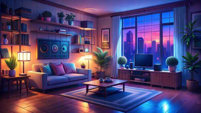 animated virtual backgrounds, stream overlay loop, cozy lo-fi living room at night, vtuber asset twitch zoom OBS screen, anime chill hip hop
