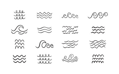 Doodle sea wave icons. Sea hand drawn storm scribble icons set, simple wavy lines. Ocean water flow curve sketch. Aqua doodle symbols. isolated on white background.