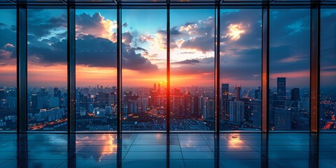 A modern downtown skyline at dusk, with skyscrapers reflecting the sunset, showcasing urban success.