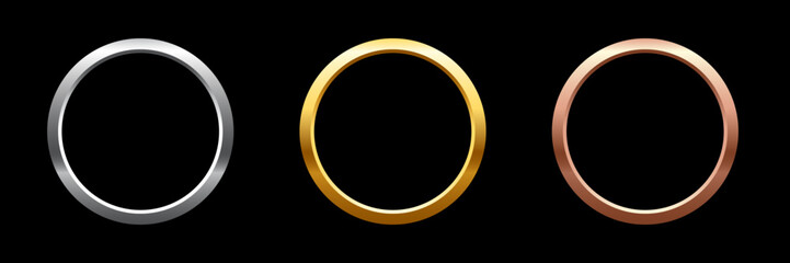 Gold, silver and bronze metal circle frames 3d vector realistic illustration. First, second and third place medals or buttons isolated on black background. Certified. Quality blank, empty badge set