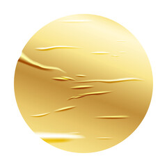 Wrinkle gold paper round sticker isolated on white. Glued effect background. Vector realistic crumpled poster. Wet greased wrinkles blank texture. Empty advertising column mockup for creative design