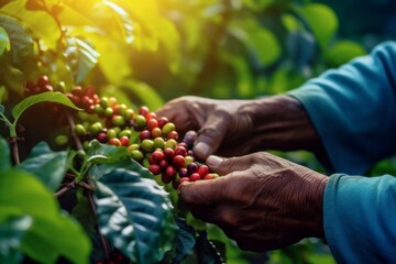 farmers harvesting robusta and arabica coffee berries by agriculturist hands