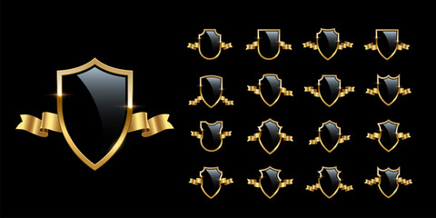 Black shields with golden frame and ribbons vector set for emblem, badge, label. Royal medieval military armor collection isolated on black background. War trophy, heraldic symbol