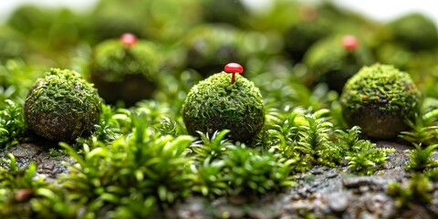 A botanical composition showcasing the growth of tiny mushrooms amidst lush moss and verdant vegetation.