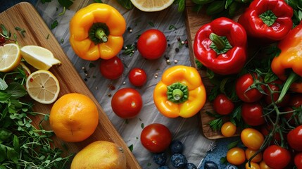 Vibrant Food Preparation Peppers Fruits and Vegetables Arranged on a Cutting Board