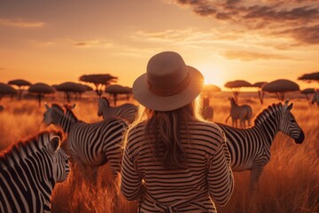 Female traveller watching a group of zebras at sunset