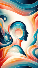 A vibrant abstract illustration of a human profile surrounded by flowing, colourful waves and circles, evoking creativity, thought, and dynamic energy.