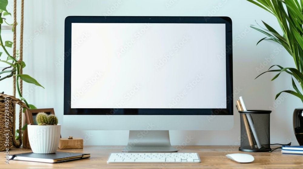 Poster a computer monitor sits on a desk with a plant and a pen holder