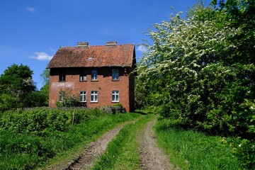 Obraz premium Old brick building among green trees in countryside in spring scenery
