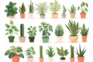 Decorative Houseplants Collection, Trendy Potted Plants in Isometric Style on White Background