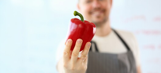 Professional Chef Showing Red Pepper Photography. Man Holding Organic Vegetable in Hand. Vegetarian...