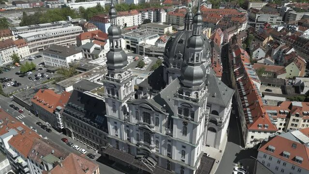 Aerial view of the Catholic Church of St John in Stift Haug in Wurzburg, Bavaria, Germany