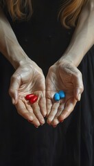 The girl is holding a red pill in one hand and a blue pill in the other. The concept of change.