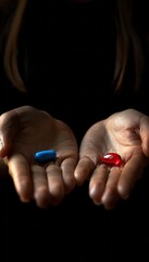 The girl is holding a red pill in one hand and a blue pill in the other. The concept of change.