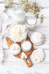 Fresh dairy products (milk, kefir, feta, cottage cheese, Mozzarella).Symbols of jewish holiday - Shavuot	