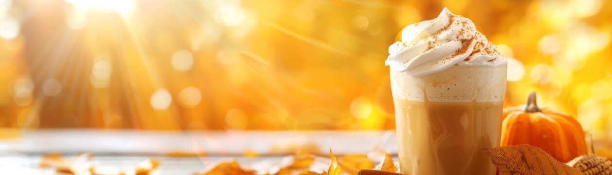 Pumpkin Spice Focus on a pumpkin spice latte with whipped cream with a cozy cafe background, morning light, empty space left for text