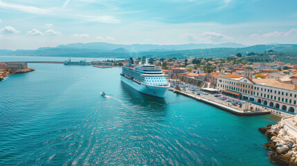 Photo of a large cruise ship docked in an port of an historic old Mediterranean  city in summertime
