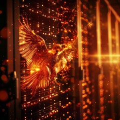 Fototapeta premium A golden phoenix emerges from a glowing orange circuit board