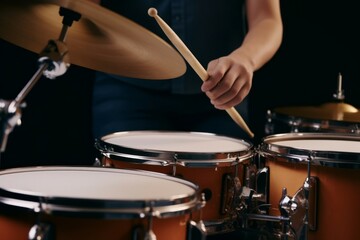 hands with drumsticks and drum set