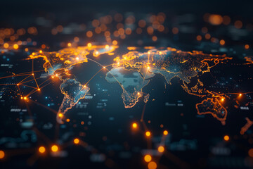 In the photo, a world map illuminated by glowing lines and dots represents the digital connections spanning across countries, highlighting the interconnectedness of our global soci