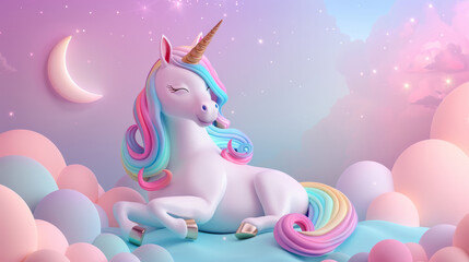A unicorn is laying on a bed of clouds with a moon in the background. Scene is whimsical and dreamy