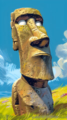 Friendly Easter Island Moai Statue in Colorful Cartoon Setting with Green Grass and Blue Skies