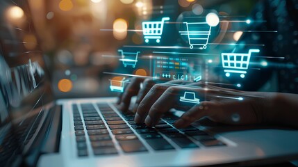Hands typing on laptop with digital shopping cart Icons for e-commerce