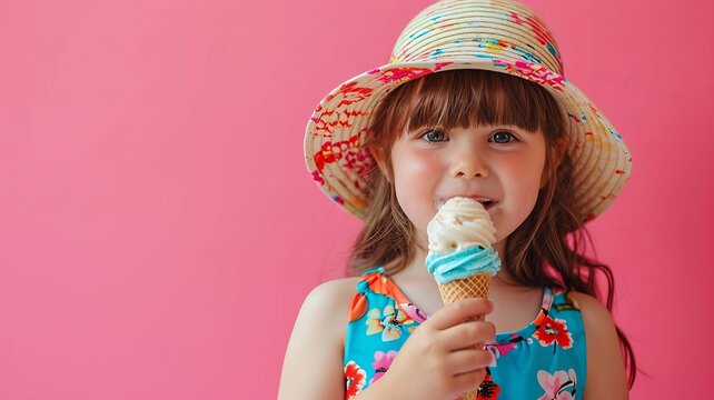 Girl eating ice cream selective focus. Generative AI,