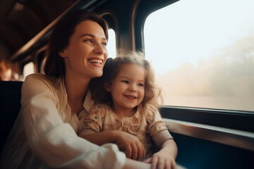 Happy Mother And Daughter Riding On The Train Together