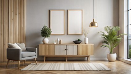 Fototapeta premium minimalist Contemporary interior design of living room with wooden sideboard and mock up poster. Home interior background. Empty frame. 3d rendering