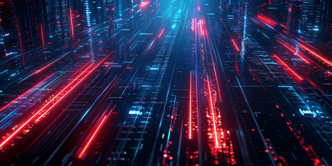 Futuristic data stream with vibrant blue and red light trails in a digital matrix environment
