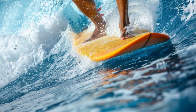 Surfer s wax coated feet riding a wave  symbolizing precision and expertise in summer olympic sport