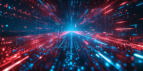 Naklejka premium Futuristic data stream with vibrant blue and red light trails in a digital matrix environment 
