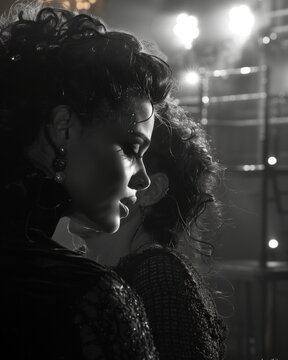 Black and white female profile portrait. Thetrical and dramatic. Actress