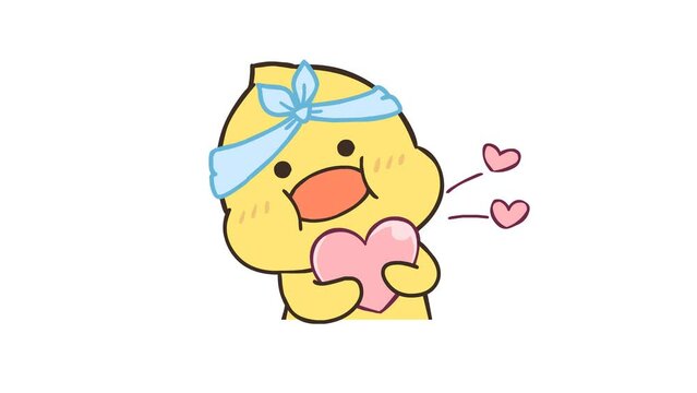 Animated Little Duck Hugging a Heart - White Background