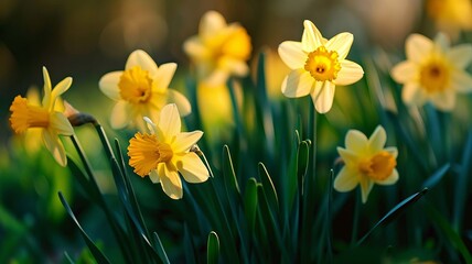 Fototapeta premium Flower field of yellow daffodils. selective focus. Generative AI,