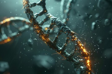 Frosty DNA helix with icy particles, cold and detailed