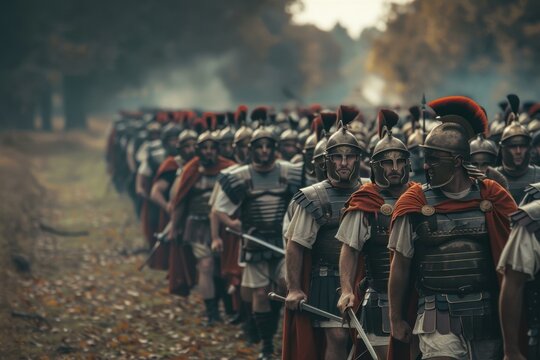 Line of roman soldiers in full armor marches through an autumnal forest - Powered by Adobe