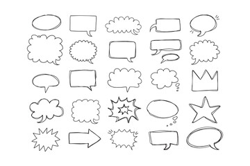 Fototapeta premium Speaking hand drawn doodle bubbles set. Talk clouds sketch frames. Speech thought Balloon shapes.