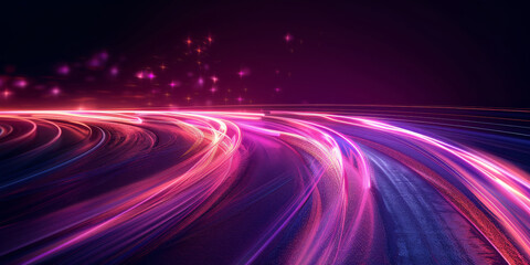 A minimalistic background with blurred light trails in purple and pink, speed motion. Pink and purple neon light trails in motion creating a dynamic and futuristic visual experience