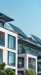 Fototapeta premium Modern apartment building with solar panels, concept of urban renewable energy integration