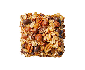 Obraz premium Healthy granola cereal bars with oats, nuts, and chocolate of stacked almond granola bars with loose almonds on transparent background Ai generative.