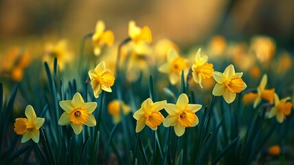 Obraz premium Flower field of yellow daffodils. selective focus. Generative AI,