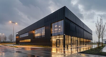 Obraz premium a building with a lot of windows and a rain soaked parking lot in front of it at night time..