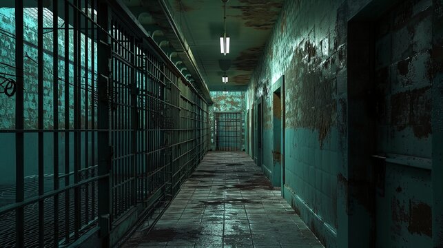 a long narrow hallway with bars on the sides of it