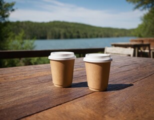 Two takeaway paper cups with lids on a wooden table in natural daylight with a lake in the background surrounded by tranquility, Morning coffee bliss