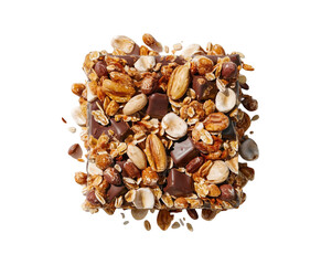 Obraz premium Healthy granola cereal bars with oats, nuts, and chocolate of stacked almond granola bars with loose almonds on transparent background Ai generative.