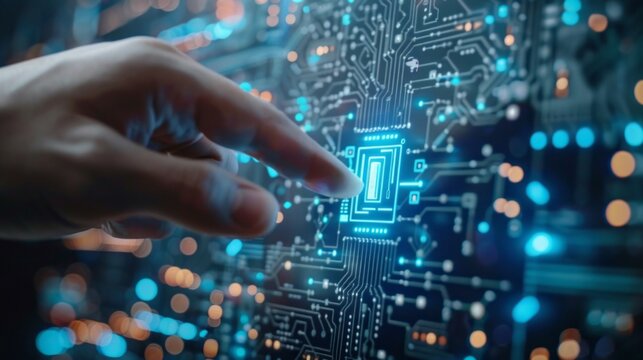 A hand is pointing at a computer chip