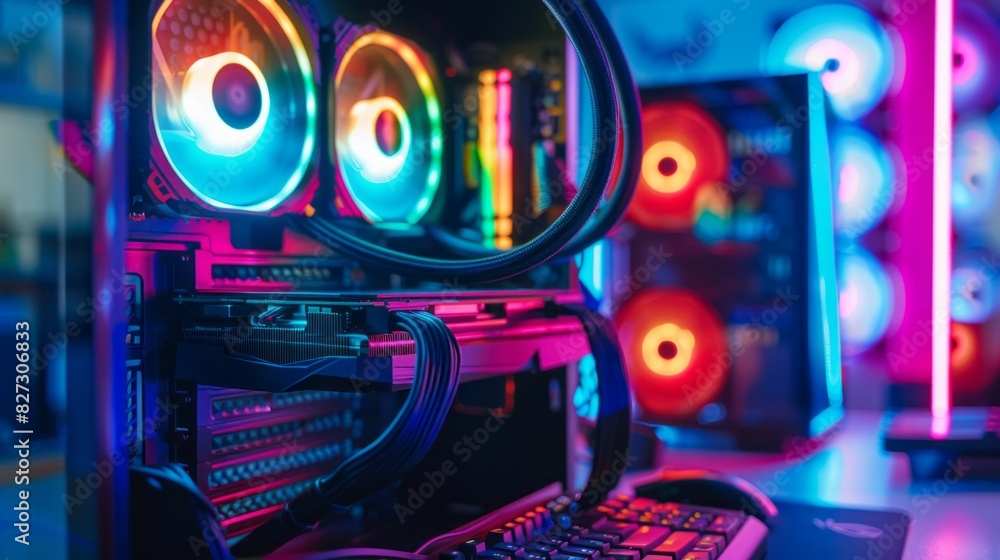 Poster A computer case with neon colored fans and a keyboard